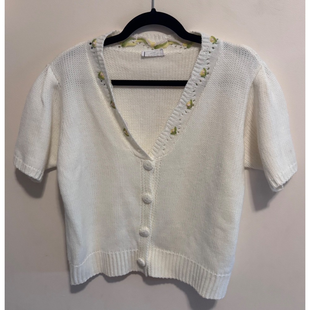 Sage the Label White Floral Trim Cardigan Cottagecore Fairycore Romantic Knit L